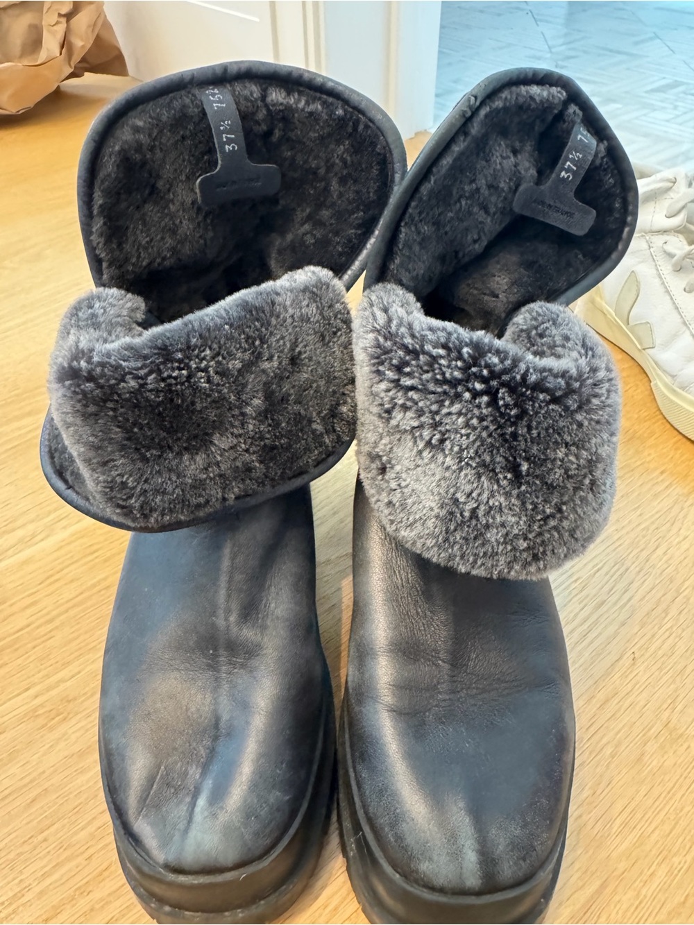Robert Clergerie Black Leather Combat Boots with Gray Shearling Cuff